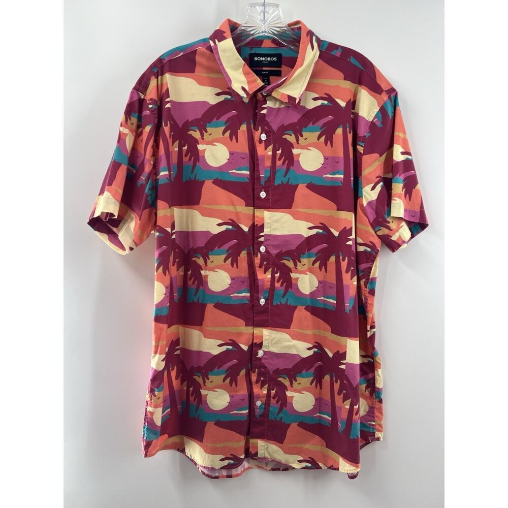 Bonobos Men’s Short Sleeve Button Front Shirt Sunset Palm Tree Tropical XL Long